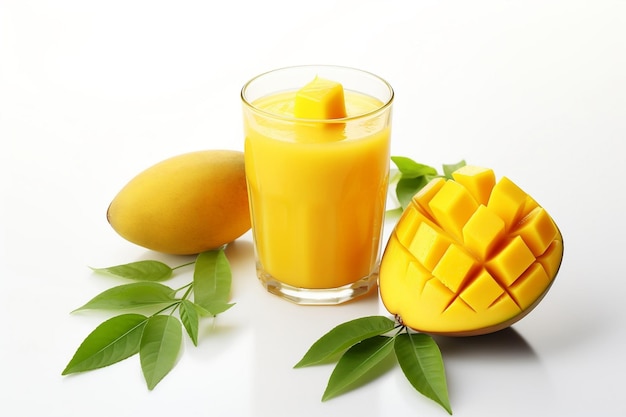 Vers mangovruchtensap met plakjes mango achtergrond