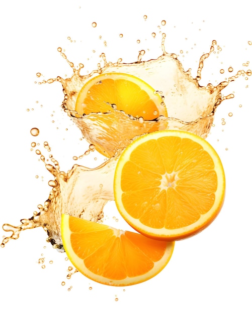Vers orange met een spetter water met een hoog detail op een witte achtergrond