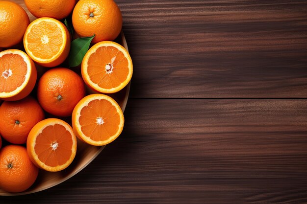 Vers oranje fruit met groene bladeren op bruine houten ondergrond