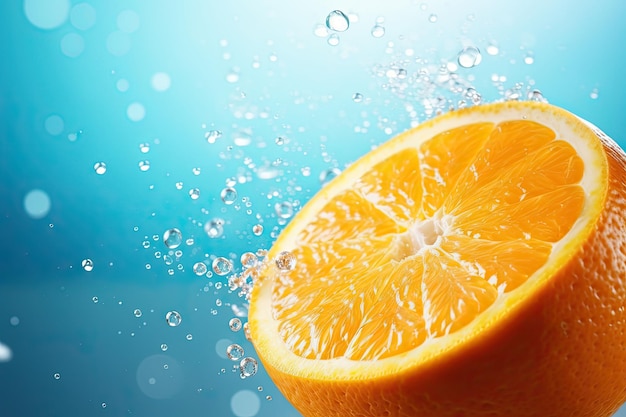 Vers oranje met waterspruitjes op een blauwe achtergrond close-up