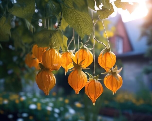 Vers Physalis-gemalen kersenfruit dat in studio achtergrondrestaurant en tuinachtergrond vliegt