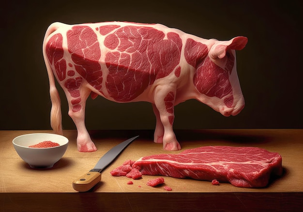 Vers rauw rundvlees in de vorm van een koe en schema voor het snijden van koeienvlees voor slagerij