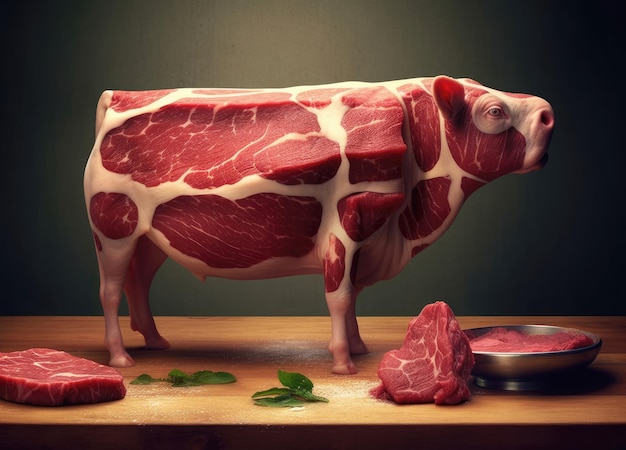 Vers rauw rundvlees in de vorm van een koe en schema voor het snijden van koeienvlees voor slagerij