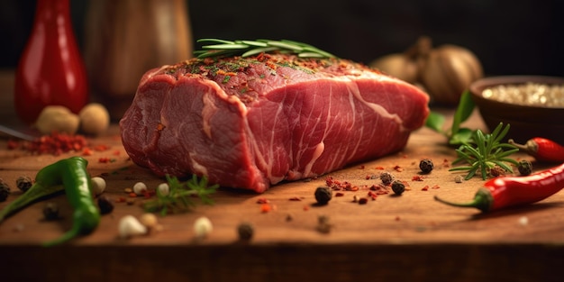 Vers rauw vlees op een houten achtergrond Natuurlijke specerijen Hoogwaardige foto Generatieve AI