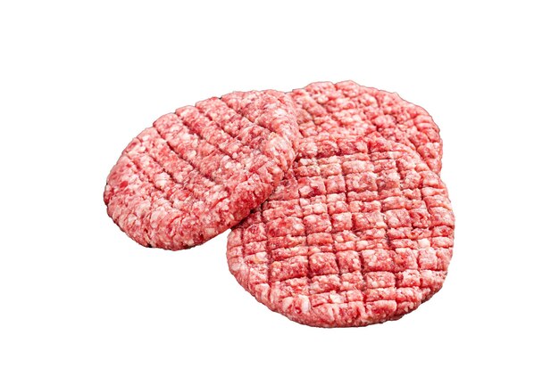 Vers rauw zelfgemaakt gehakt rundvlees steak burger in stalen dienblad Geïsoleerde witte achtergrond