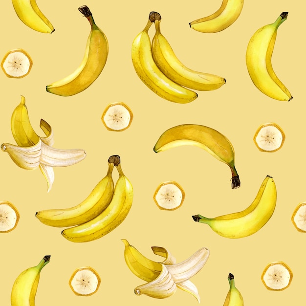 Vers rijp geel bananenpatroon Aquarel met de hand getekende illustratie geïsoleerd op beige achtergrond
