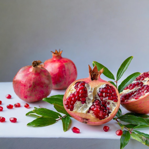 Vers rijpe granaatappel met groene bladeren geïsoleerd op witte achtergrond Hoge resolutie afbeelding