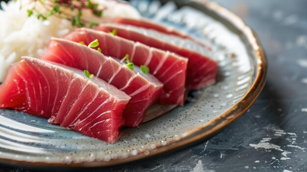 Vers roze blauwvintonijnfilet met witte rijst op een bord