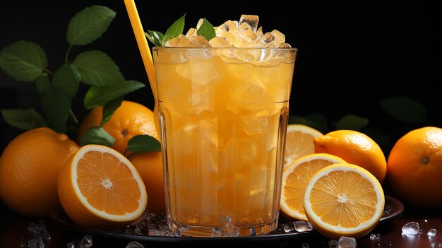 vers sinaasappelsap in het glas op donkere achtergrond