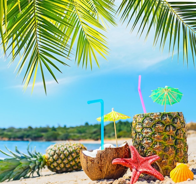 Foto vers tropisch fruit aan de kust onder een palmtak