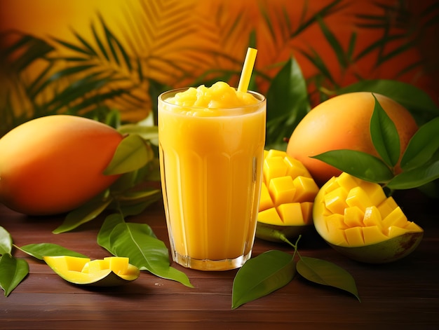 Vers tropisch fruit smoothie mangosap gegarneerd met gesneden mango