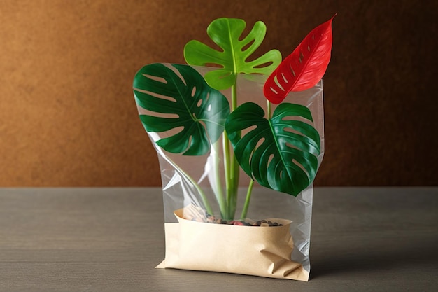 Vers tropisch Monstera-blad in een doorzichtige plastic zak met rits geïsoleerd op kraftpapier Kopieer ruimte Mockup van een vacuümdoos met een rode clip concept van natuurbotanie kamerplanten en bloemen