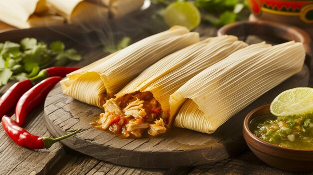 vers uitgepakt tamale zijn zachte vochtige masa onthult een rijke en hartige vulling op een achtergrond die de traditionele essentie van dit geliefde gerecht viert