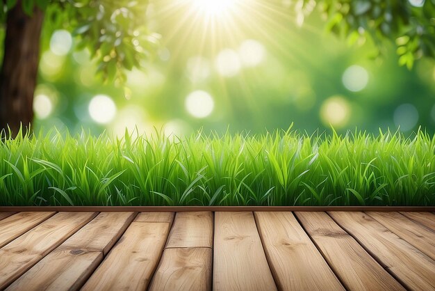 Vers voorjaarsgroen gras met groene bokeh en zonlicht en houten vloer Schoon natuurlijke achtergrond