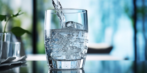 Vers water dat in een glas wordt gegoten dat het essentiële element van hydratatie en zuiverheid vertegenwoordigt