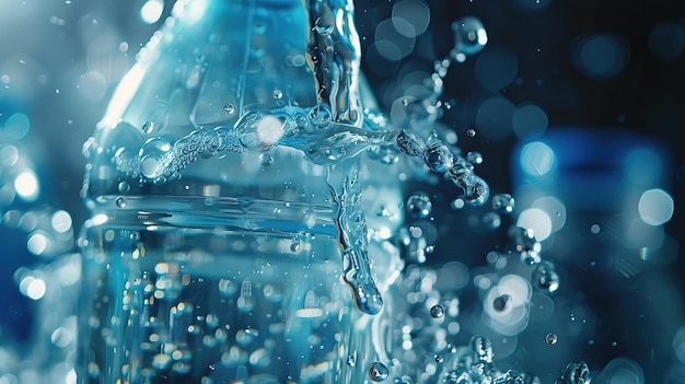 Foto vers water dat uit een fles in een glas stroomt, close-up