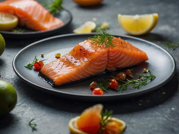 Vers zalmfilet op zwart bord