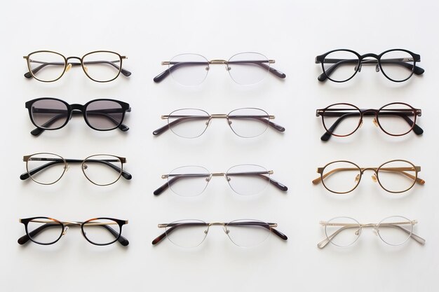 写真 スタイリッシュなメガネの多様なコレクション 淡い灰色の背景にファッショナブルなフラットレイ