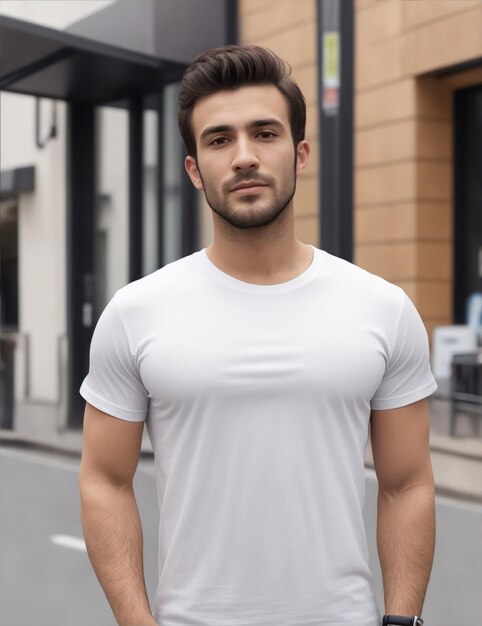 Premium AI Image | Versatile male model showcasing mockups of white and ...