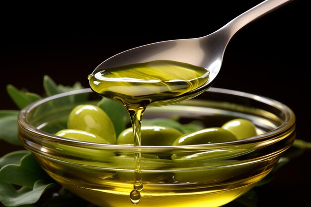 Foto il versatile olio d'oliva riempie graziosamente un cucchiaio mostrando le sue varie forme
