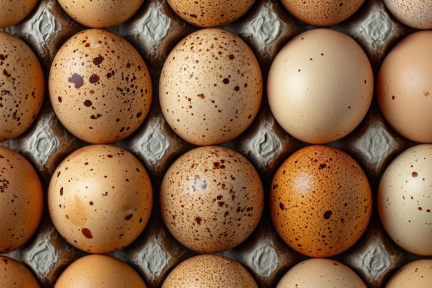 Verscheiden bruine en gevlekte eieren netjes gerangschikt in een doos