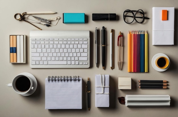 Foto verscheiden bureauaccessoires op een neutrale achtergrond