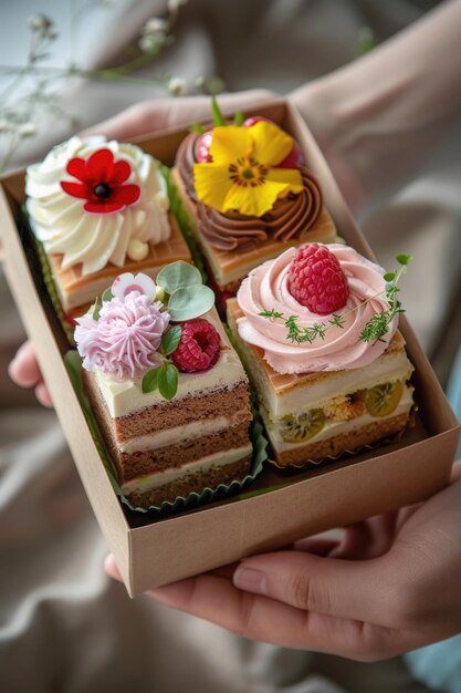 Verscheiden desserts in een doos die door een persoon wordt gehouden