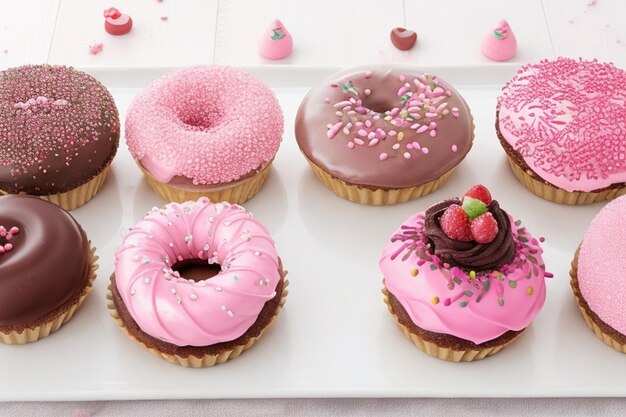 Verscheiden desserts met chocolade, roze glazuur en sprinkles.