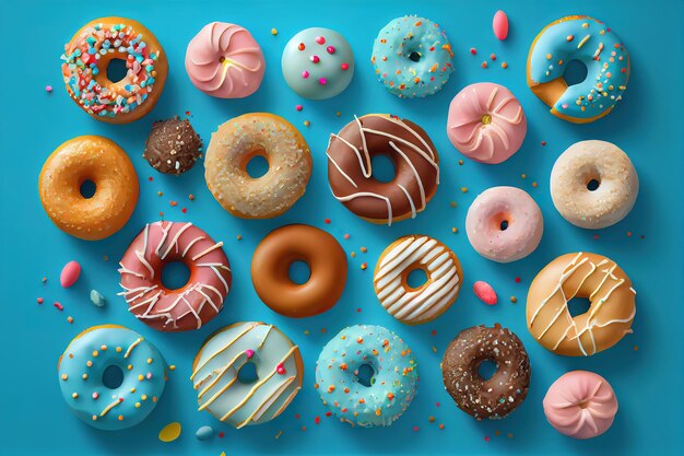 Verscheiden donuts op een pastelblauwe achtergrond Generative Ai