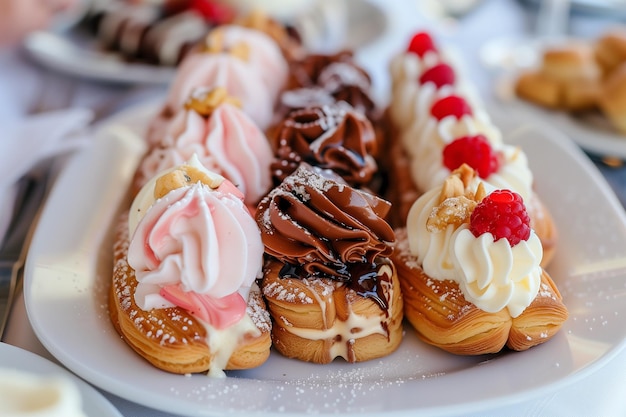 Verscheiden Franse eclair desserts op een witte bord met verschillende smaken en kleuren