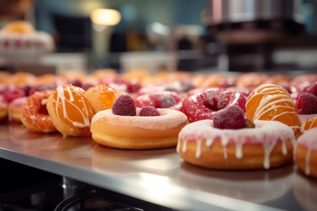 Verscheiden geglazuurde donuts met fruit bovenop tentoongesteld in een bakkerij