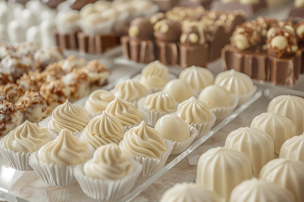 Verscheiden gourmet chocoladen en truffels tentoongesteld op een zoet buffet elegante dessert presentatie