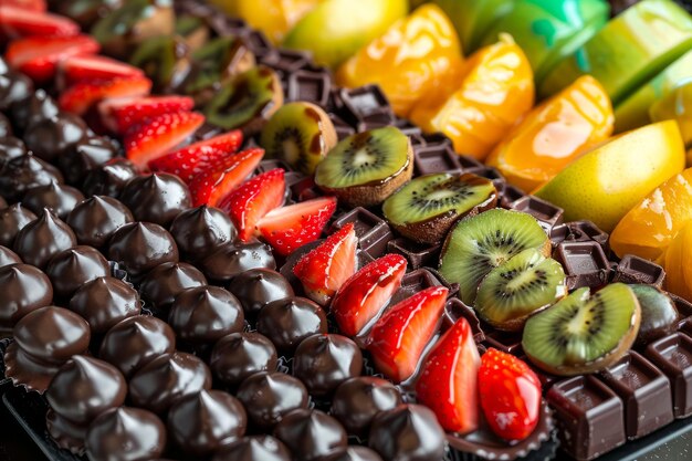 Verscheiden gourmet chocoladen en vers fruit schotel voor elegante dessert display