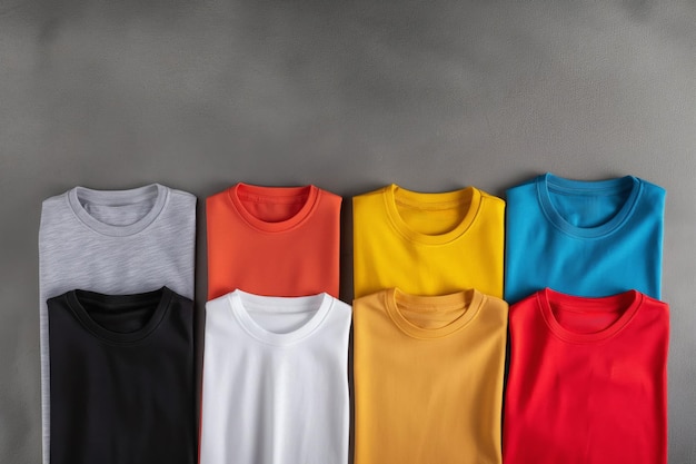 Foto verscheiden kleuren netjes gevouwen t-shirts op een grijze achtergrond