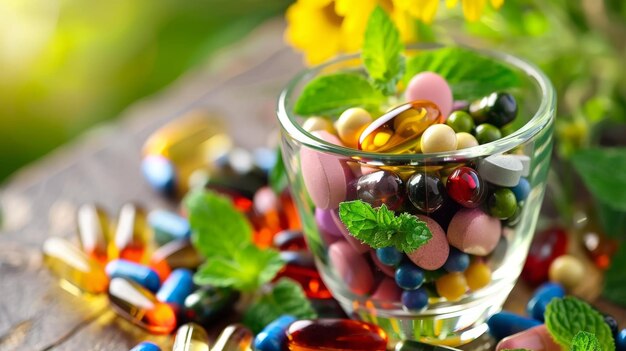 Foto verscheiden kleurrijke pillen en capsules in een glazen schaal op een houten tafel