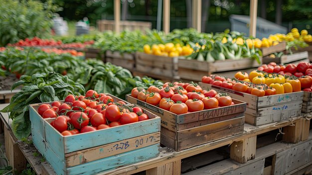Verscheiden natuurlijke voedingsmiddelen zoals fruit en groenten op een houten plank van een boerenmarkt