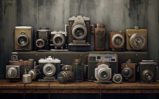 Verscheiden oude camera's op tafel gerangschikt
