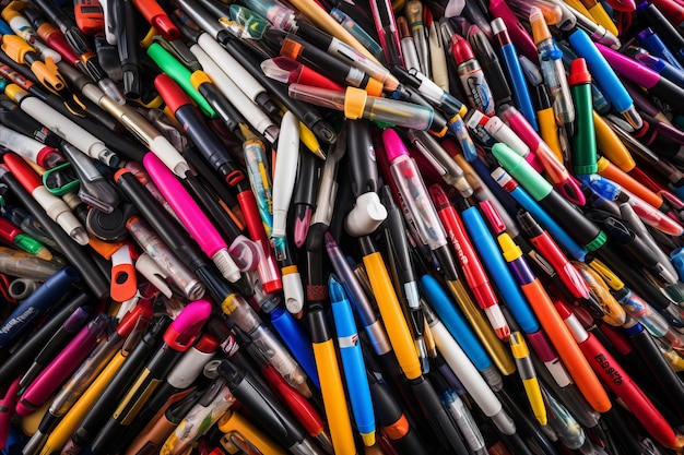 Foto verscheiden schrijfgereedschappen, potloden, potloden en kleurrijke markers op een professionele tafel