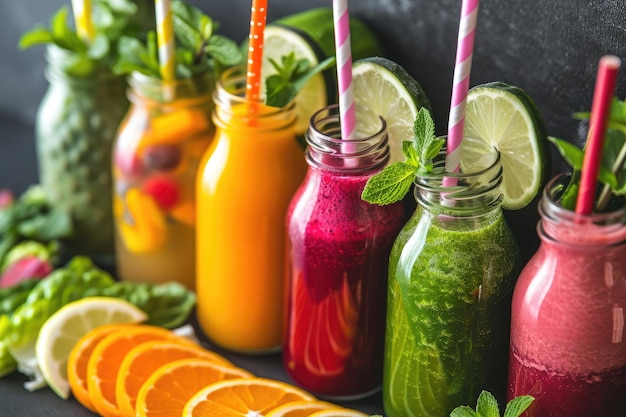 Verscheiden smoothies netjes gerangschikt op een tafel Een verscheidenheid aan vers geperst fruit- en groente sappen in afhaalflessen met herbruikbare rietjes AI gegenereerd