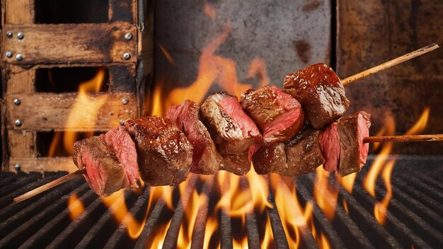 Verscheiden steak spijkers over vuurvlammen