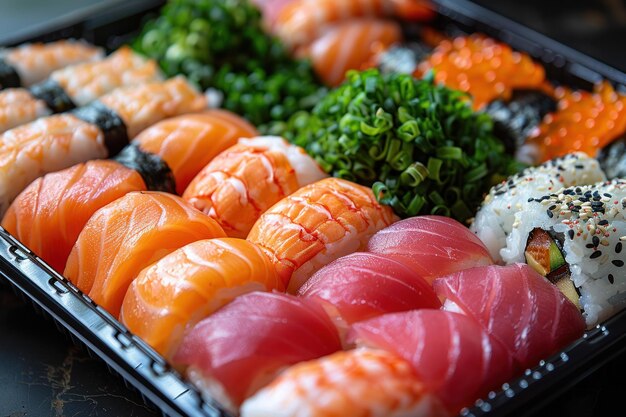 Verscheiden sushi-bakjes op tafel.