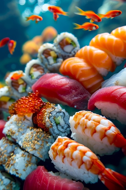 Foto verscheiden sushi en sashimi delicatessen op blauwe achtergrond verse zeevruchten japanse keuken heerlijk