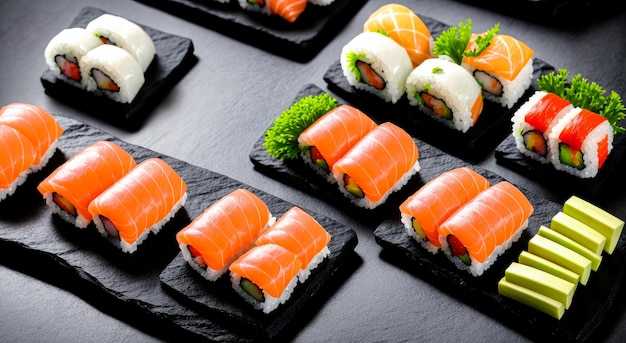 Verscheiden sushi nigiri en maki grote set op leisteen Een verscheidenheid aan Japanse sushi met tonijn krab zalm aal en rollen Generatieve AI