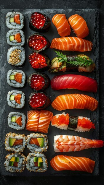 Foto verscheiden sushiplaten met verschillende soorten sushi