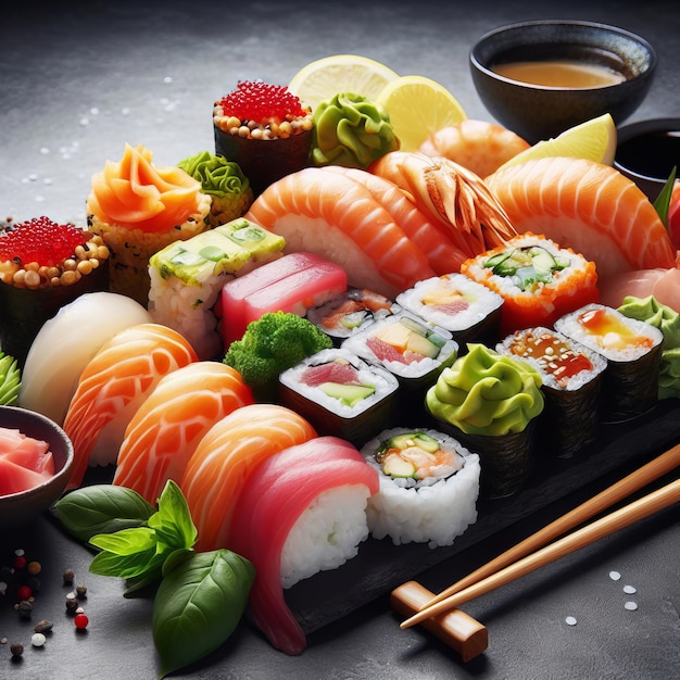 Verscheiden verse sushi op een donkere stenen dienblad levendige kleuren elegante presentatie