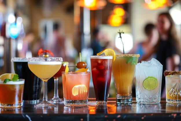 Foto verscheiden verzameling cocktails op een bar mensen die zich in de achtergrond vermengen