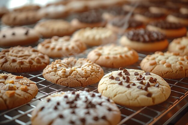 Verscheiden vormen en maten vers gebakken koekjes op een koelrek