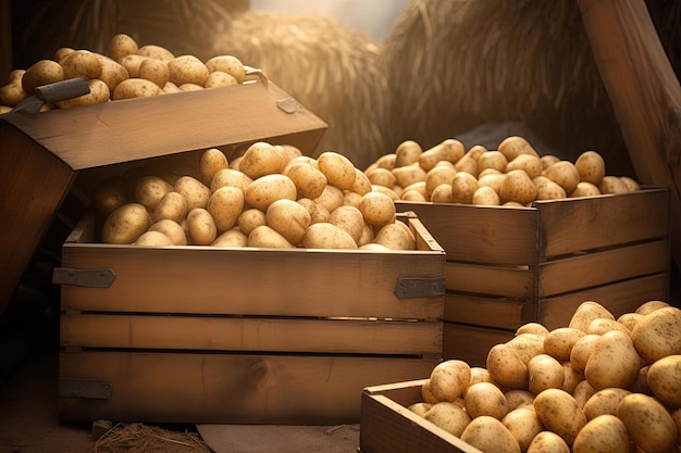 verscheidene aardappelen in houten dozen op een boerderij