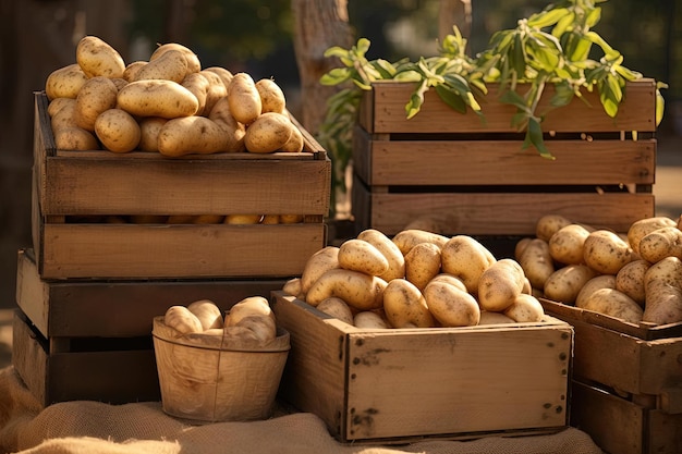 verscheidene aardappelen in houten dozen op een boerderij