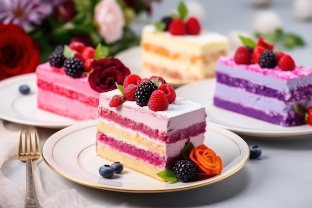 Verscheidene cakes op witte dienblad regenboog framboos en amandel snoep versierd met verse bessen en flow